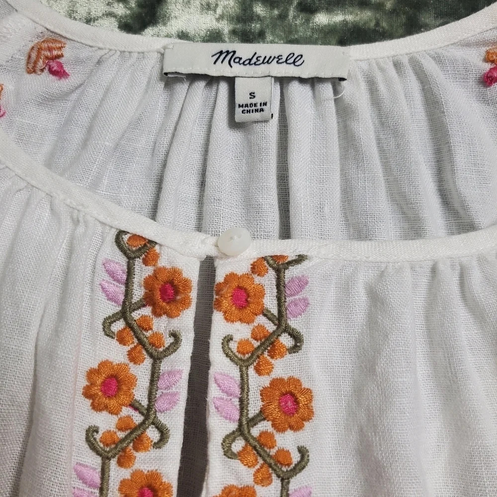 Madewell Embroidered‎ Linen Blend Raglan Ruffle Mini Dress - Picture 6 of 7